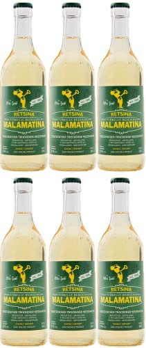 Retsina Malamatina 6x 0,5l Flasche | Geharzter Weißwein aus Griechenland | 10,5% Vol. | +20ml Jassas Olivenöl