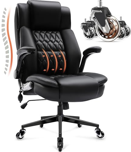 HAMAOKA Large High Back Office Chair - Adjustable Lumbar Support, Flip Up Arms, Heavy Duty Metal Base, Breathable Bonded Leather, 2 Storage Bags, Black