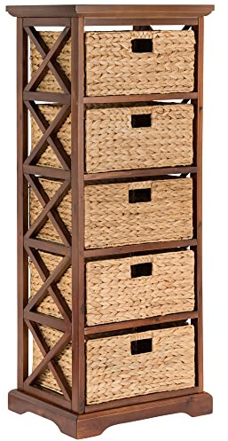 eHemco Hampton Meadows 5 Tier X-Side End Storage Cabinet with 5 Wicker Baskets, Walnut