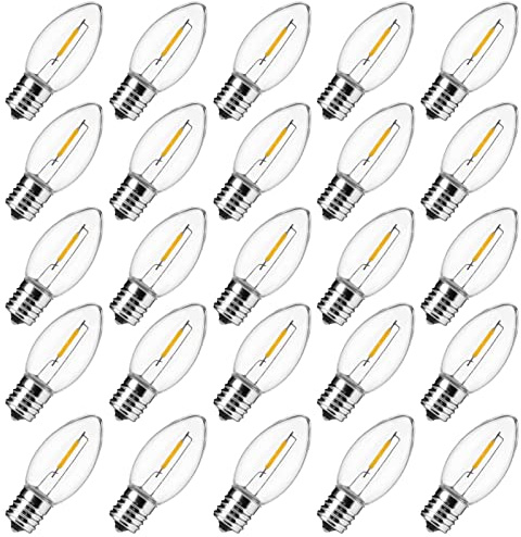 25 Pack C9 LED Christmas Light Bulbs, Clear Plastic C9 Shatterproof LED Bulbs Replacement for Christmas String Lights, E17 Intermediate Base, Commercial Dimmable Holiday Bulbs, Warm White, 2700K