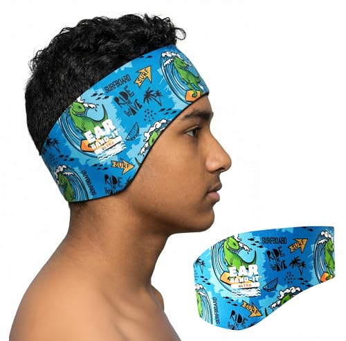 Earvolution Ear Band-It Ultra Swimming Headband, American Brand, Doctor-Invented - Sensory-Friendly- Anti-Slip Grip &Thick Neoprene for Max Protection/Comfort, Holds Earplugs in, (Dino, Small)
