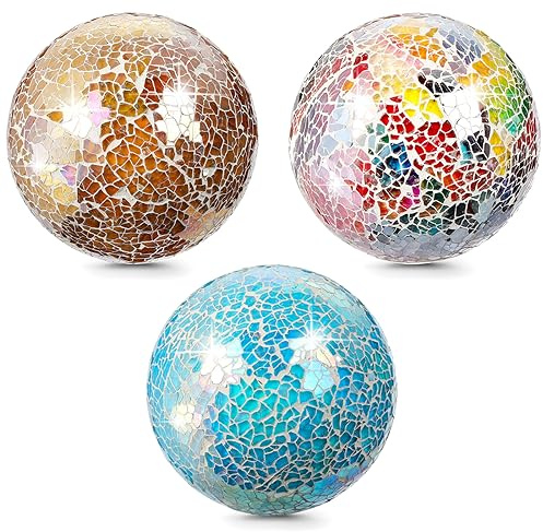 TOPZEA Set of 3 Decorative Glass Balls, 4 Inch Colorful Glass Mosaic Sphere Bowl Filler Orbs Set Ornaments Decoration for Centerpieces Bowls, Vase, Tray, Dinning Room Coffee Table Decor