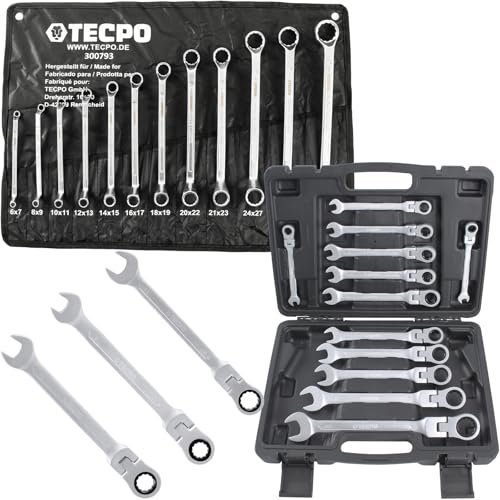 TECPO Set di chiavi a cricchetto snodato, 8 – 22 mm + chiave ad anello 6 – 32 mm
