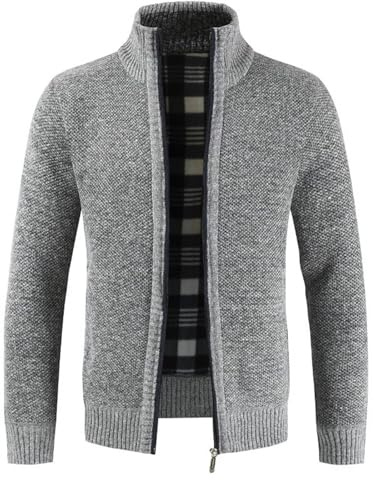 Hombre Otoño-Invierno Casual-Moda Punto Cárdigan-Suéter - con Completa Cremallera y Bolsillo,Manga Larga,Clásico,Cálido Suéter Grueso,Suave,con Forro Polar, Jersey Chaqueta Hombre Gris Claro L