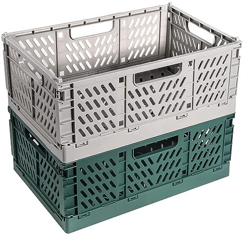 2Pcs Klappkiste, Kunststoff Stabile Klappboxen, 42 x 28 x 16cm Faltbare Aufbewahrungskorb, Stapelbar Klappkisten Set für Lagerung Küche, Schlafzimmer, Arbeitszimmer, Büro, Garten (Grau+Dunkelgrün)