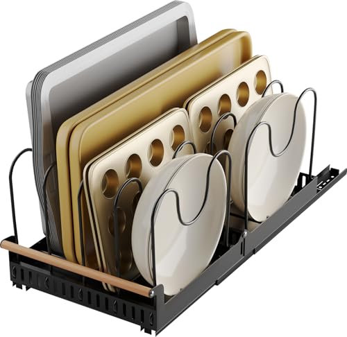 NETEL Topfdeckelhalter Schublade,Ausziehbarer Pfannen Organizer，Deckelhalter für Schrank,Topf Organizer mit 10 Teiler,schneidebrett halter,tupperware organizer,Schwarz