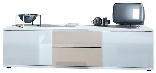 Vladon TV Lowboard Linio V1, Fernsehtisch mit 2 Türen und 2 Schubladen – Weiß/Sandgrau Hochglanz (138,5 x 37,5 x 35 cm)