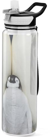 Mnsruu Transparente Sport-Wasserflasche mit Strohhalm, auslaufsichere Trinkflasche, Pinguin-Familie, Fahrradflaschen für Sport, Büro, Schule, BPA-freier Tritan-Kunststoff, 1 Liter