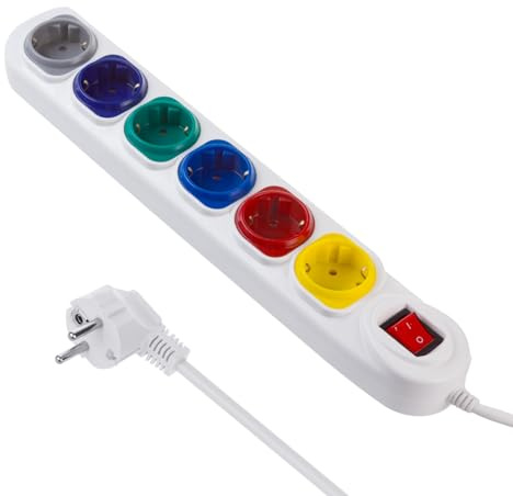 Maclean 6-Fach Steckdosenleiste mit Schalter | 1,5 Kabel, Verlängerungsleiste | Mehrfach-Steckdosenleiste | Kinderschutz | Wandmontage | 2500W (Weiß/Mehrfarbig, 6-Fach Steckdosenleiste)