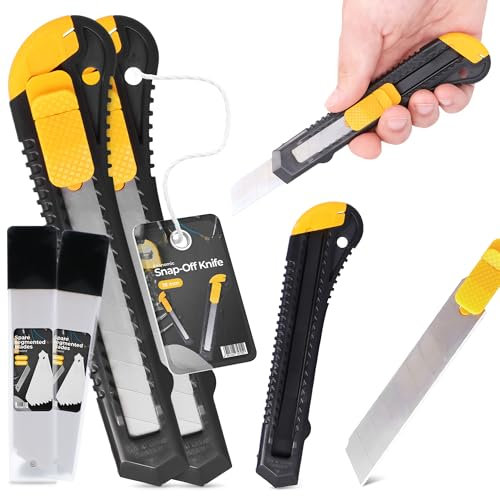 2x Cortador de Caja de Cuchillos Retráctil 18 mm Cuchilla de Alfombra Paquetes Cartón Cutter Hoja De Cuchillo Metálico Película Universal Con 22x Cuchilla