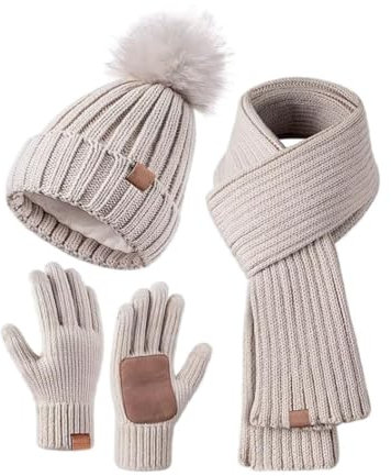 Surttan Mütze Damen,Mütze, Wintermütze Schal Touchscreen Handschuhe Set Thermo Beanie Strickmütze mit Bommel Fleece Gefütterte Warme Strickhandschuhe Langer Schal Mütze Wolle 3 in 1 Set