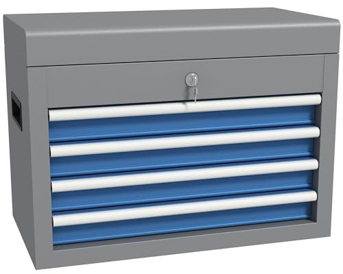 DURHAND Caja de Herramientas Metálica Maletín de Herramientas con 4 Cajones Bandeja Superior Cerradura y Asas Laterales Carga 20 kg 45x24,5x32,5 cm Gris y Azul