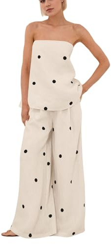 Calbatic - 2-teiliges Set für Damen, gepunktet, schulterfrei, hohe Taille, weite Hose, Entspannungsset, Sommeranzug