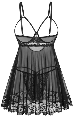 Avidlove Sexy Lace Babydoll Dress Lingerie for Women Sheer Mesh Chemise Sleepwear Exotic Boudoir Outfits Black XX-Large
