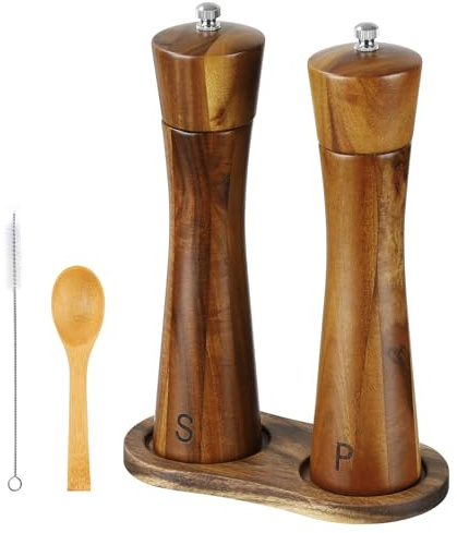 Voency Set di macinasale e pepe in legno, 2 macinaspezie in legno di acacia, macina spezie in ceramica con sottobicchiere, spazzola per la pulizia e cucchiaio per diversi tipi di spezie