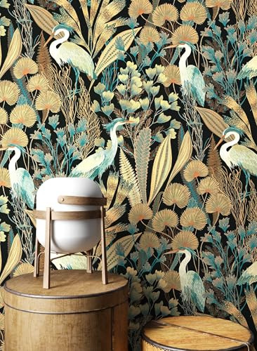 Newroom papier peint intissé noir jungle tropicale chambre salon | motif jungle avec hérons et feuilles de palmier, finition mate, style bohème, décoration murale bureau et entrée
