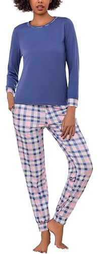 Litherday Pijama Mujer Invierno Algodón Conjunto de Dos Piezas con Camiseta de Manga Larga y Cuadros Pantalón Largo con Cordón y Bolsillos Loungewear S-XXL
