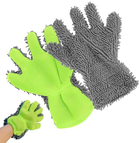 YIHAOH 2 Pcs Esponja Lavar Coche, Limpieza Coche Exterior, Guante de Limpieza de Microfibra, Suaves Guantes de Lavado de 5 Dedos, para Limpiar, Desempolvar, Motos