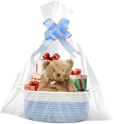 Geschenkkorb Leer 30x20x12 cm, Geflochten Korb mit Geschenktüten und Bändern, Präsentkorb Leer für Weihnachten, Geburtstag, Hochzeit, Aufbewahrungskorb, Deko-Korb (Blau)