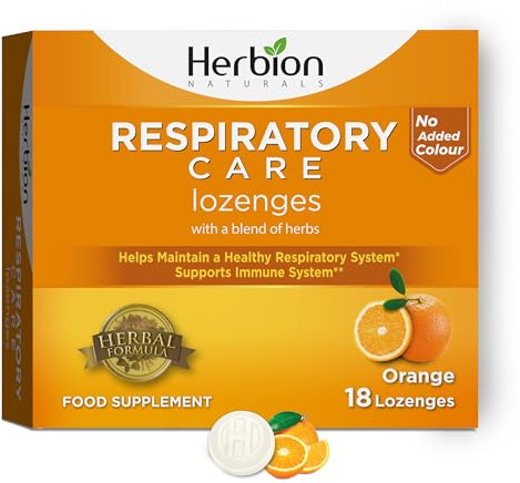 Herbion Respiratory Care Lozenges, Orange Flavour Herbal Blend for Throat Comfort & Respiratory Wellness, 18 Lozenges, No Added Colours