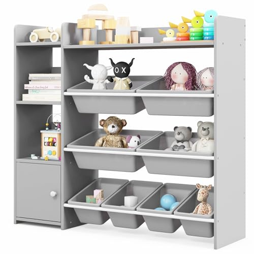 COSTWAY Mobile Porta Giochi per Bambini, Libreria e Scaffale per Giocattoli a 4 Livelli con 8 Contenitori 1 Anta, Libreria Multiuso per Bambini per Cameretta Soggiorno Asilo Nido (Grigio)