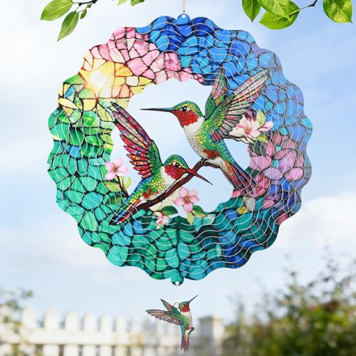 IDEA SHOW 30 cm Kolibri Buntglas-Optik Sonnenfänger Windspinner für draußen, Fensterschmuck hängend mit Blumen, 3D Edelstahl Windspiel für Garten, Fenster, Balkon & Terrasse