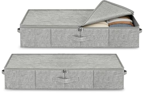 2 förvaringslådor under sängen, höjd 12 cm, hopfällbara, med lock med 3 handtag, dubbel gångjärn, för täcken, kläder, filtar, leksaker, utrymmesbesparing