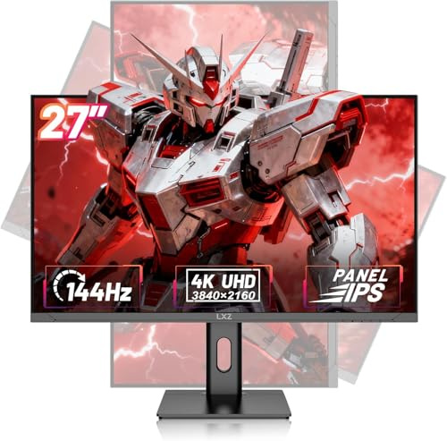 LXZ 27 Inch 4K Gaming Monitor, UHD 3840 x 2160P 144Hz Computer Monitors, PC Monitor for Home & Office, Height Adjustment, G-Sync & FreeSync, HDR 10, HDMI 2.1 & DP 1.4, Wall Mountable 75mm x 75mm