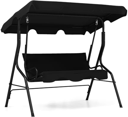 CASART 3 Seater Swing Chair, Steel Frame Hammock Chaise Lounger with Adjustable Canopy, Outdoor Swinging Seat for Garden Patio Bench Balcony (Oxford Seat, Black)