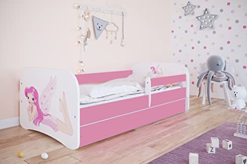 Bjird Kinderbett Jugendbett 70x140 80x160 80x180 Rosa mit Rausfallschutz Schublade und Lattenrost Kinderbetten für Mädchen - Fee mit Flügeln 160 cm