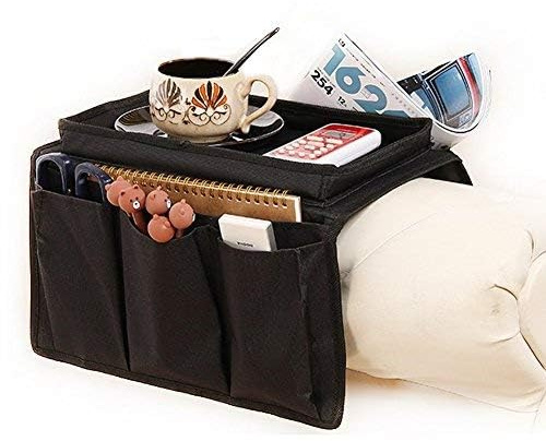 IPENNY Anti-Slip Couch Sofa Armrest Organiser Chair Bedside Storage Pocket TV Remote Holder Bed Storage Pocket Bag for Cellphone Notepad Book Magazines Holder Pouch (#D2-Coffee (with top tray))