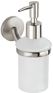 WENKO Seifenspender Cuba Matt, abnehm- und nachfüllbarer Seifendosierer aus satiniertem Glas, Halterung in massiver Qualität aus rostfreiem Zinkdruckguss mit mattiertem Finish, 7 x 17 x 11,5 cm