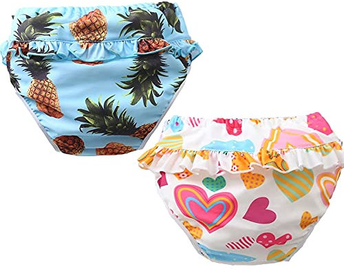 Schwimmwindel wiederverwendbar, 2 Stück Schwimmhose für Baby Mädchen (0-3 Jahr),Schwimmwindel mit Rüschen Badewindelhose Badehose (Farbe D, M/22-28lb/1-2 Jahre)