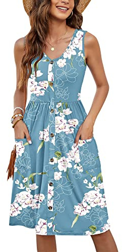 MOLERANI Summer Dresses for Women UK Sleeveless Ladies Casual V Neck Beach Dress Swing Button Midi Sundress Dress with Pockets Floral Light Blue 8-10 S