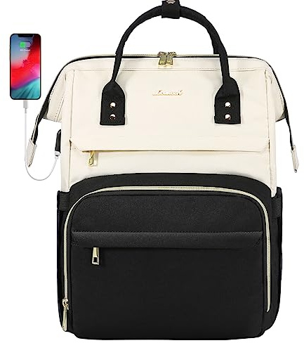 LOVEVOOK Laptop Backpack Women 15.6 inch, Work Bags for Womens, School Computer Bag with USB Port for Business College Travel, Rucksack for Teacher Nurse,BeigeBlack