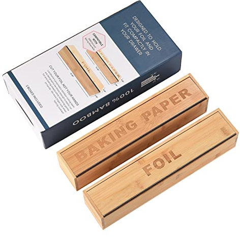 INIFLM Foil and Plastic Wrap Dispenser with Slide Cutter, 2 Pcs Bamboo Kitchen Storage Cling Film Cutter Tool Cutting Box for Food Wrap and Tin Foil