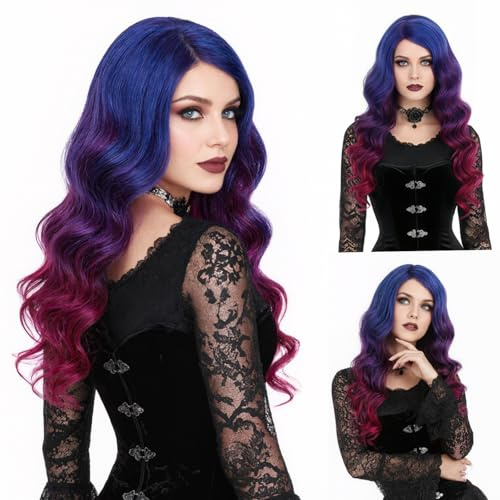 REEWES Lange Ombre Rot Curly Perücken für Frauen Hitzebeständig Haar Natürliche Perücken für tägliche Cosplay Kostüm Party Karneva