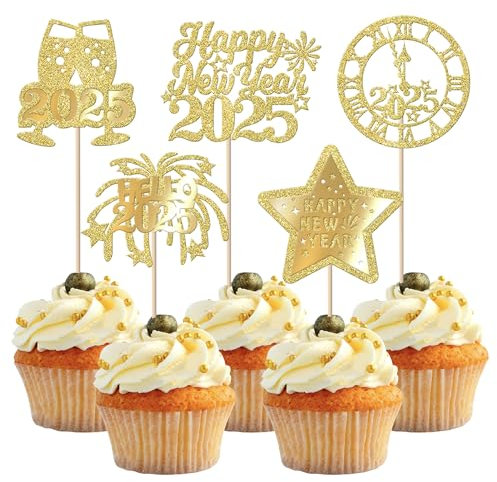 Cupcake-Aufsätze 2025 Happy New Year, Hello 2025, Mitternachtsuhr, Feuerwerk, Cupcake-Picks, Cheers to 2025, Kuchendekorationen für Willkommen 2025, Happy New Year Eve Partyzubehör, Gold, 30 Stück