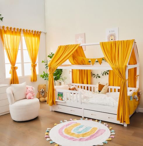 ALAVYA HOME® Hausbett Deko Set 2 Betthimmel + Wimpelkette & Vorhänge 2er-Set Kurz Gardinen 100x150 cm, GOTS Bio-Musselin Baumwolle, Kinderzimmer Lieblingsplatz für Mädchen & Jungen - Senfgelb