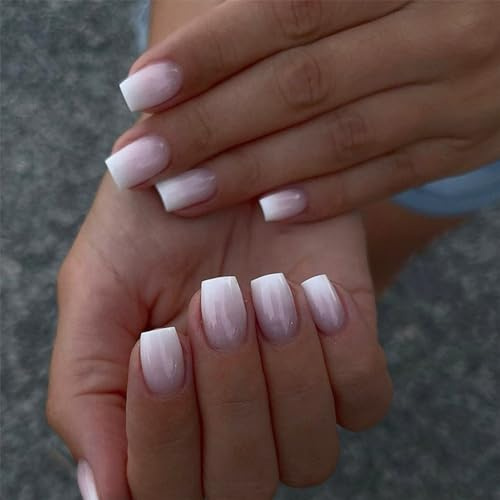 24pcs Short Coffin False Nails Pink White Ombre Stick on Nails Glitter Press on Nail Removable Glue on Full Cover Fake Nail Art Accessories for Women