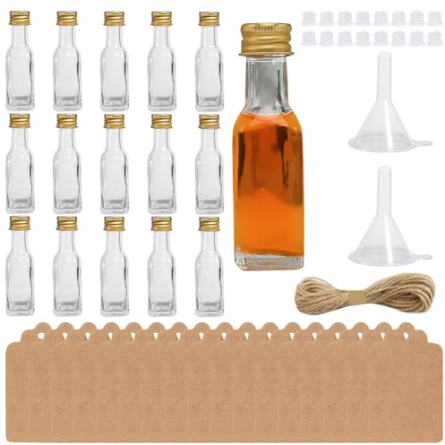 16 Stück Mini Fläschchen Kleine Schnapsflaschen 20 ml Fläschchen Glas | ZJRung Wiederverwendbar Likörflaschen zum Befüllen Glas Saftflaschen mit Gelb Deckel und Trichter Juteschnur