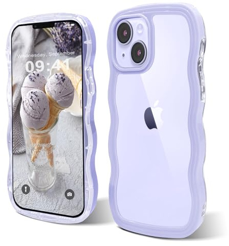 ORDA Schutzhülle für iPhone 13, iPhone 14, niedlicher Wellenrahmen, lockige Form, stoßfest, harte PC-Handyhülle für Damen und Mädchen, kompatibel mit iPhone 13/14, 15,5 cm (6,1 Zoll), Transparent Lila