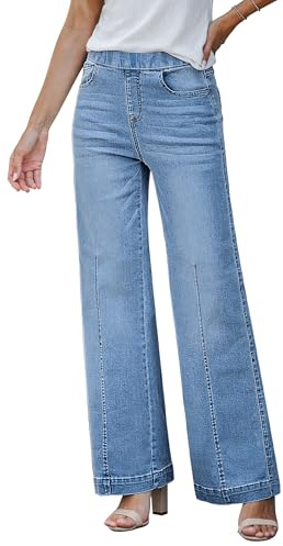 Roskiky Jean Pour Femme Taille Haute - Pull On Mom Extensible - Pantalon Tendance Ample Années 90 - Couture Avant, Bleu Moyen, L