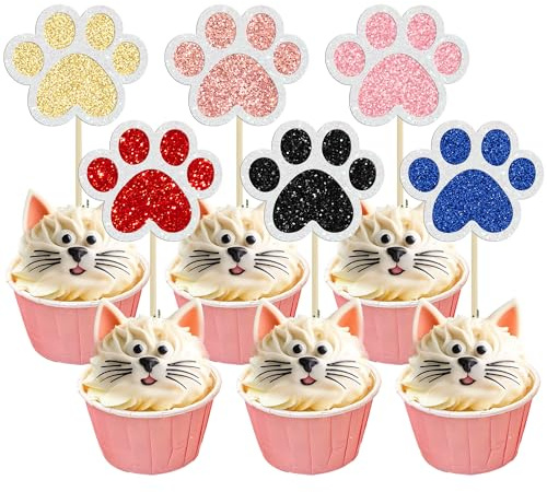 Gyufise 24Pcs Paw Cupcake Toppers Paw Print Cupcake Topper Dog Birthday Party Supplies Dog Cupcake Toppers Pet Puppy Dog Birthday Party Decorations Multi