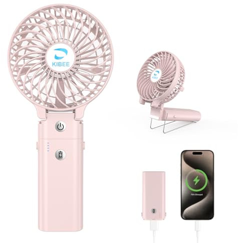 KIBEE Portable Handheld Fan - 5200mAh USB Rechargeable [20H Max Runtime], Foldable 180° Mini Personal Fan, 3-Speed with Stand for Travel/Outdoor/Makeup/Concerts (Pink)