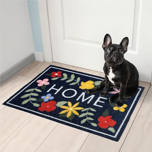 Mighty Mats Eco Flex Washable Door Mat - Highly Absorbent Anti-Slip Dirt Trapper Indoor Doormat with Anti-Curl Rubber Base - Floral Home Navy, 50 x 75cm