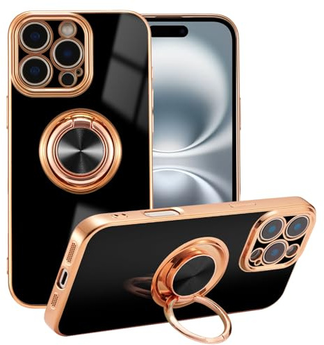 EYZUTAK Electroplated Magnetic Ring Holder Case for iPhone 16 Pro Max, 360 Degree Rotation Metal Anti-fall Finger Ring Kickstand Magnet Car Holder Slim Soft Silicone Shockproof Cover - Black