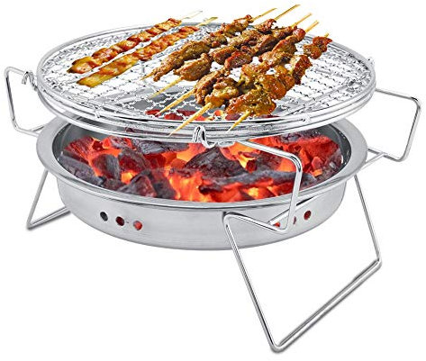 Beufee BBQ-Grill, Edelstahl-BBQ-Grill, tragbarer Holzkohlegrill, zusammenklappbarer runder Grillofen, Mini-Campinggrills für Camping im Freien