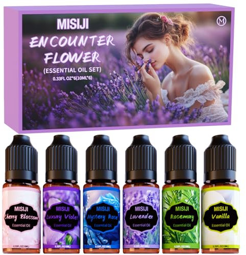 MISIJI Set di oli essenziali per diffusori,Aromaterapia Umidificatori Candele Fai da Te,Fiore di ciliegio,Rosa misteriosa,Rosmarino,Vaniglia,Lavanda,Viola di lusso