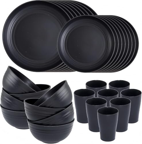 KAHEIGN 32 Piezas Vajilla de Plástico Irrompible, 8 x Platos Llanos de 25CM, 8 x Platos de Ensalada de 20CM, 8 x Tazones de 720ml y 8 x Tazas de 360​ml - Apto para Microondas y Lavavajillas